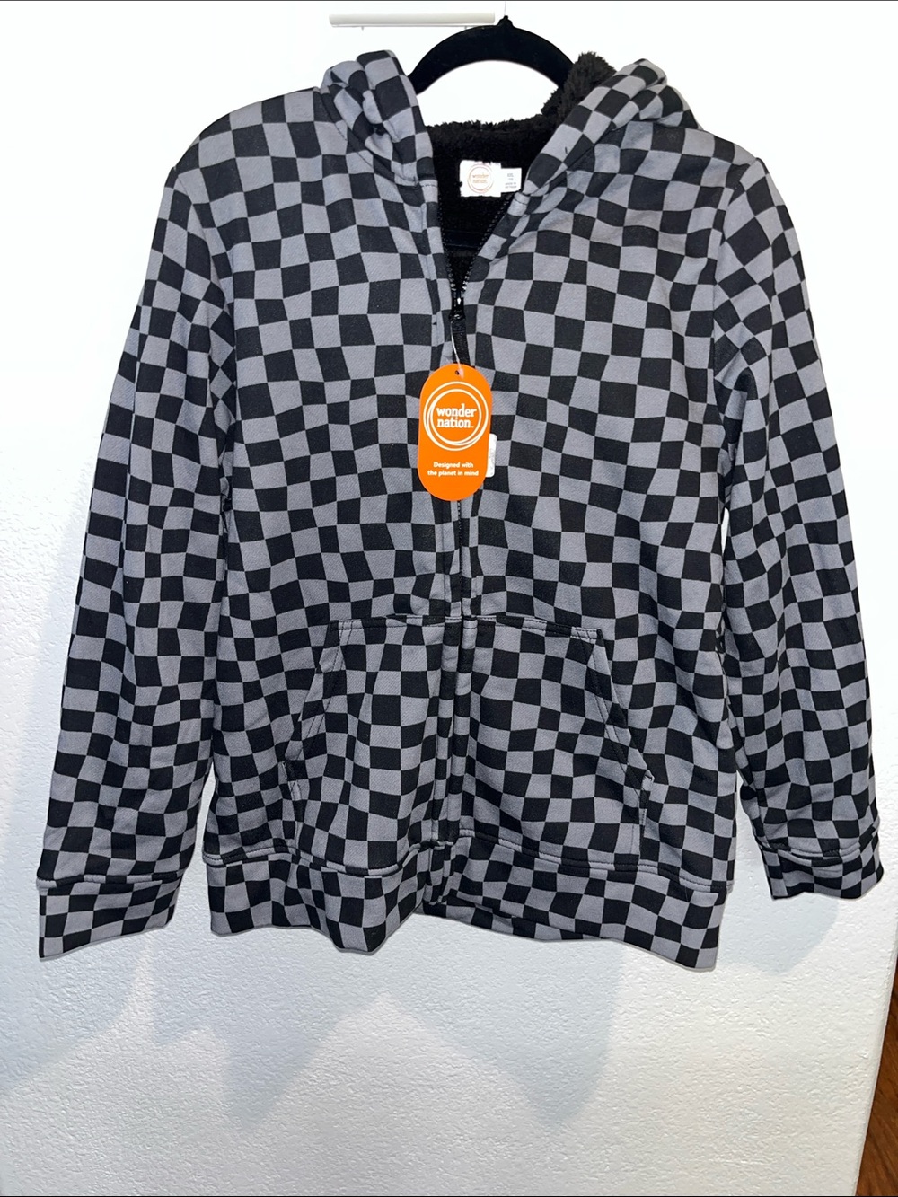 wonder nation Black & Gray Checkerboard Hooded Zip Jacket